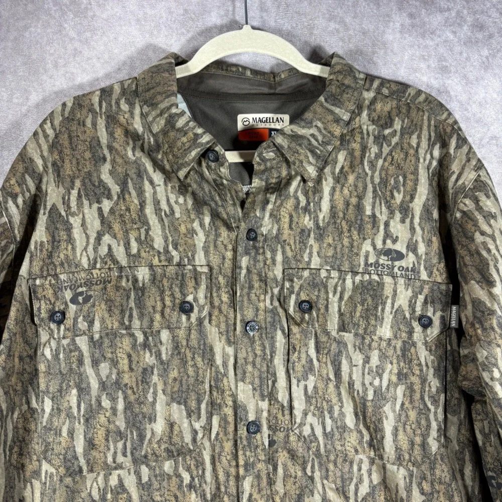 Magellan Button Up Shirt Mens XL Brown Mossy Oak Bottomland Hunt Gear Camo Shirt